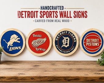 Detroit Sports Carved Wood Signs, Lions Tigers Red Wings Pistons Fan Wall Decor