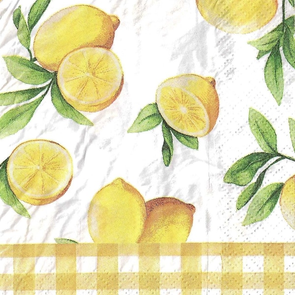 2 - 7 3/4" x 4 1/4", Lemon w-checker btm, Decoupage Napkins, Paper Napkins for decoupage, Decoupage for beginners, Art decor, lemon