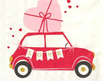 2 - 5"x 5",love car, Decoupage Napkins, Paper Napkins for decoupage, Decoupage for beginners, Art decor, napkin art, Valentine's day, Love