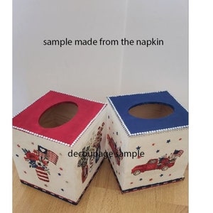 May include: Two tissue box covers, one red and one blue, with a patriotic design featuring stars, a red truck, and the words "Decoupage Sample".