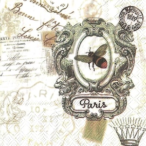 2 - 5&quot; x 5&quot;, a bee in paris, bee, Paris, Decoupage Napkins, Paper Napkins for decoupage, Decoupage for beginners, Napkins, Floral ,vintage
