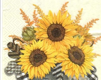 2 - 8"x 4 1/4", Three Sun Flowers, Decoupage Napkins, Paper Napkins for decoupage, Decoupage for beginners, Art decor, sunflower, fall,
