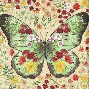 2 - 5&quot;x 5&quot;, Butterfly , Decoupage Napkins, Paper Napkins for decoupage, Decoupage for beginners, napkin art, butter fly with flowers