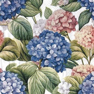 May include: A floral pattern featuring blue, pink, and white hydrangea blooms with green leaves. The flowers are densely packed, creating a vibrant and detailed design. The background is a textured white.