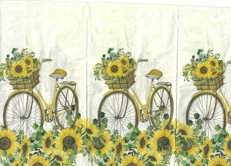 Puede incluir: Una bicicleta amarilla con una cesta llena de girasoles, rodeada de girasoles. La bicicleta tiene un fondo blanco.