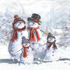 2 - 6 1/2&quot; x 6 1/2&quot;, Snowman Family , Decoupage Napkins, Paper Napkins for decoupage, Decoupage for beginners, Snowman, Family, Winter, Love