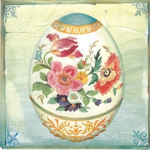 May include: A decorative egg design featuring a floral arrangement of pink, red, yellow, and purple flowers. The egg has a white background with gold and teal accents. The image is on a textured, light blue background.