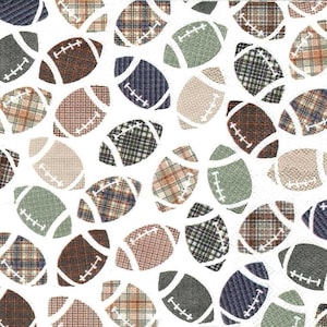 May include: A seamless pattern of brown, green, gray, and white footballs with plaid designs. The footballs are on a white background.