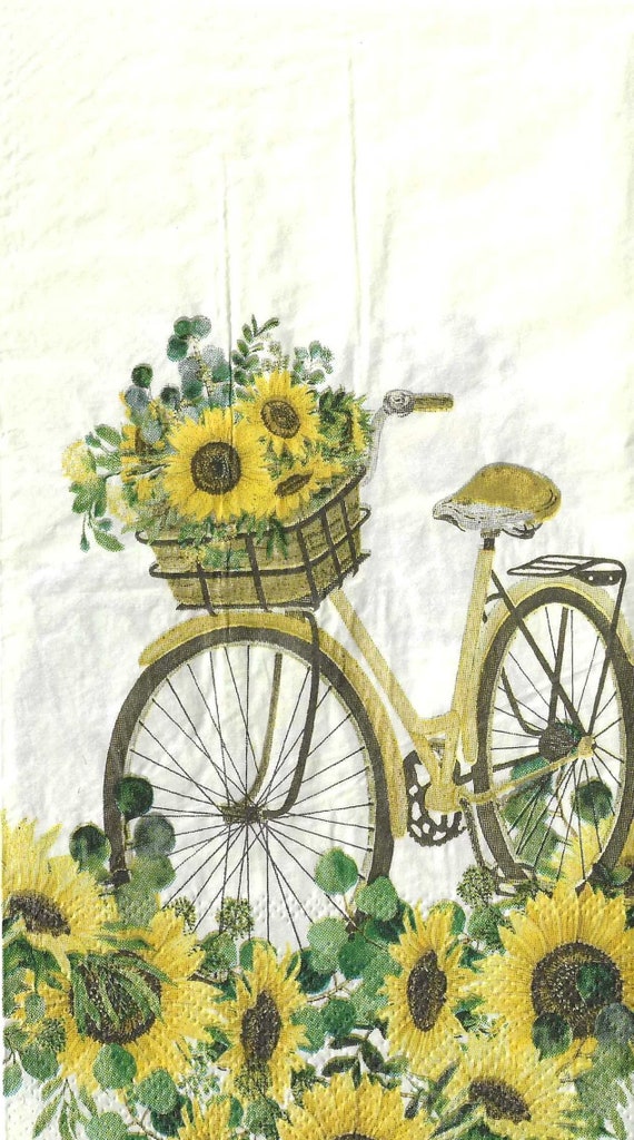 2 - 7 3/4" x 4 3/8", 2ply, Sunflower with Bicycle , Decoupage Napkins, Decoupage for beginners, Napkin Art,  Napkins, Sunflowers