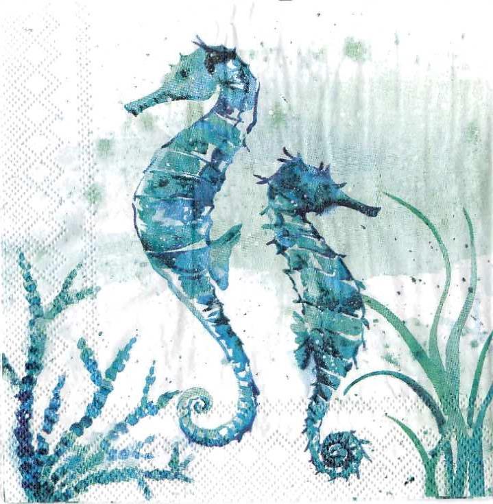 2 - 5"x 5", sea horse, Decoupage Napkins, Paper Napkins for decoupage, Decoupage for beginners, Art decor, napkin art, aqua, sea, blue