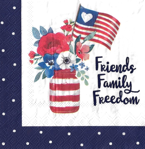 2 - 5"x 5", FriendsFamilyFreedom, flowers, Decoupage Napkins, Paper Napkins for decoupage, Decoupage for beginners, independenceday