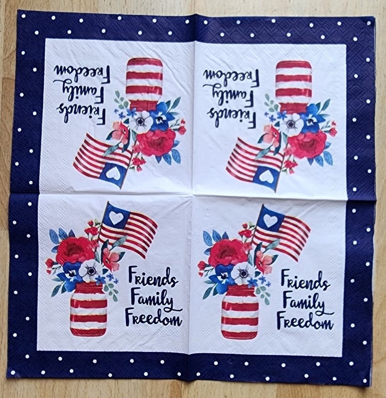 2 - 5"x 5", FriendsFamilyFreedom, flowers, Decoupage Napkins, Paper Napkins for decoupage, Decoupage for beginners, independenceday image 4