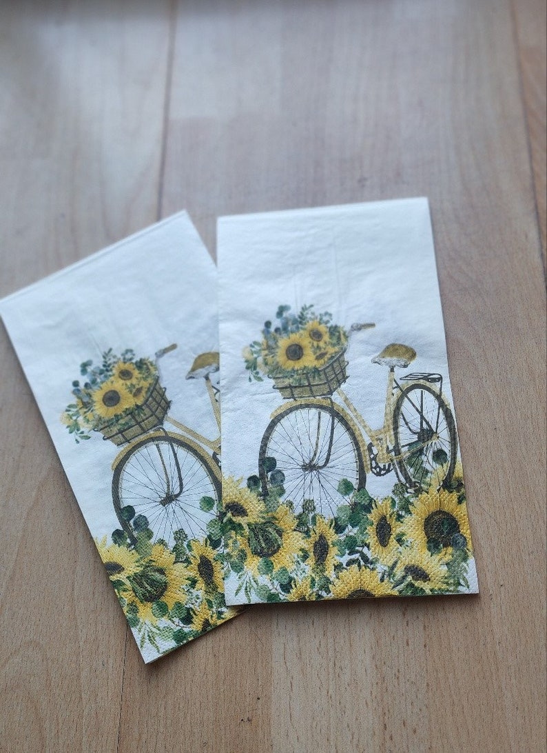 2 - 7 3/4" x 4 3/8", 2ply, Girasol con Bicicleta, Servilletas Decoupage, Decoupage para principiantes, Napkin Art, Servilletas, Girasoles imagen 5