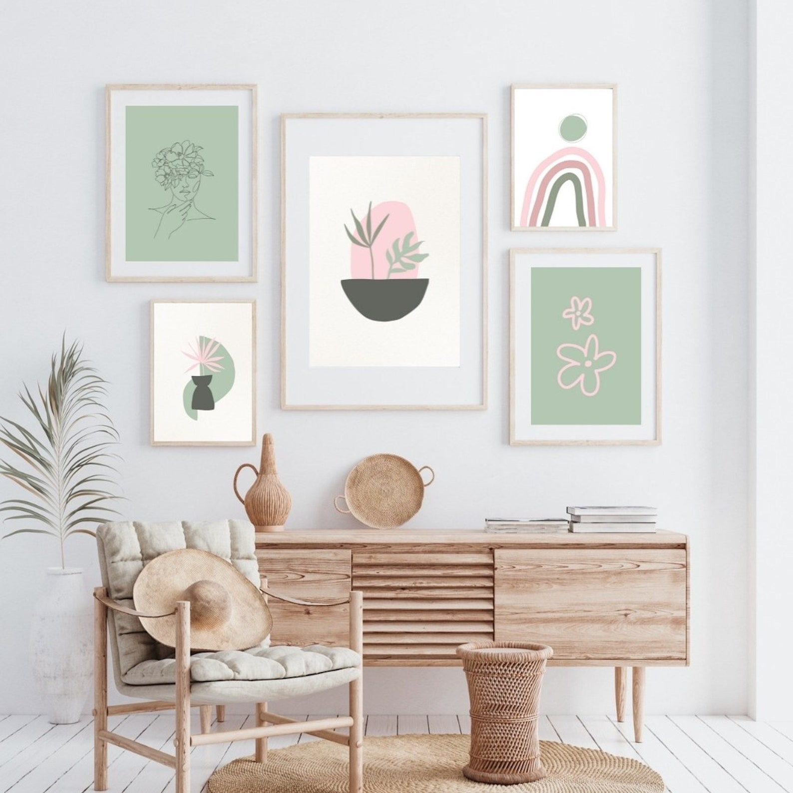 Sage Green Blush Pink Print Set of 5, Botanical Gallery Wall Print Set ...