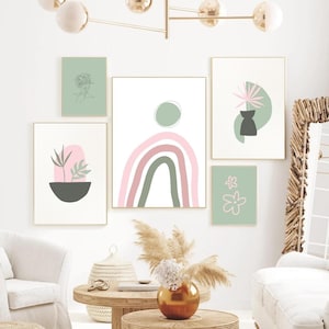 Sage Green Blush Pink Print Set of 5, Botanical Gallery Wall Print Set, Modern Wall Decor, Sage Green Above Bed Wall Art,  DIGITAL DOWNLOAD