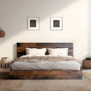 The River Bed - Quick Ship - Barnwood Reclaimed Aesthetic - Mixed Browns - Solid Wood - Platform Bed Frame & Headboard - Handmade in USA