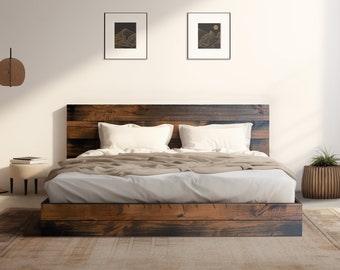 The River Bed - Quick Ship - Barnwood Reclaimed Aesthetic - Mixed Browns - Solid Wood - Platform Bed Frame & Headboard - Handmade in USA