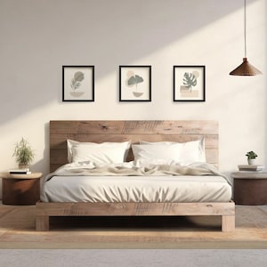 Rampart Bed Quick Ship Barnwood Reclaimed Aesthetic Modern Rustic Solid Wood Platform Bed Frame & Headboard Handmade in USA Reclaimed Sandstorm