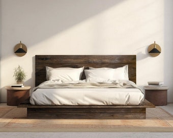 Low Profile Bed - Quick Ship - Barnwood Reclaimed Aesthetic - Modern Rustic - Solid Wood - Platform Bed Frame & Headboard - Handmade in USA