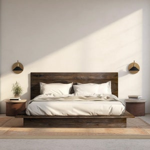 Low Profile Bed - Quick Ship - Barnwood Reclaimed Aesthetic - Modern Rustic - Solid Wood - Platform Bed Frame & Headboard - Handmade in USA