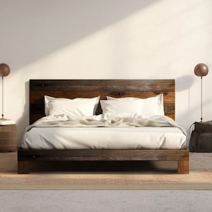 Rampart Bed - Quick Ship - Barnwood Reclaimed Aesthetic - Modern Rustic - Solid Wood - Platform Bed Frame & Headboard - Handmade in USA