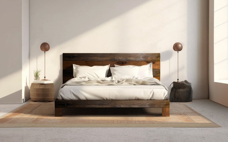 Rampart Bed - Quick Ship - Barnwood Reclaimed Aesthetic - Modern Rustic - Solid Wood - Platform Bed Frame & Headboard - Handmade in USA