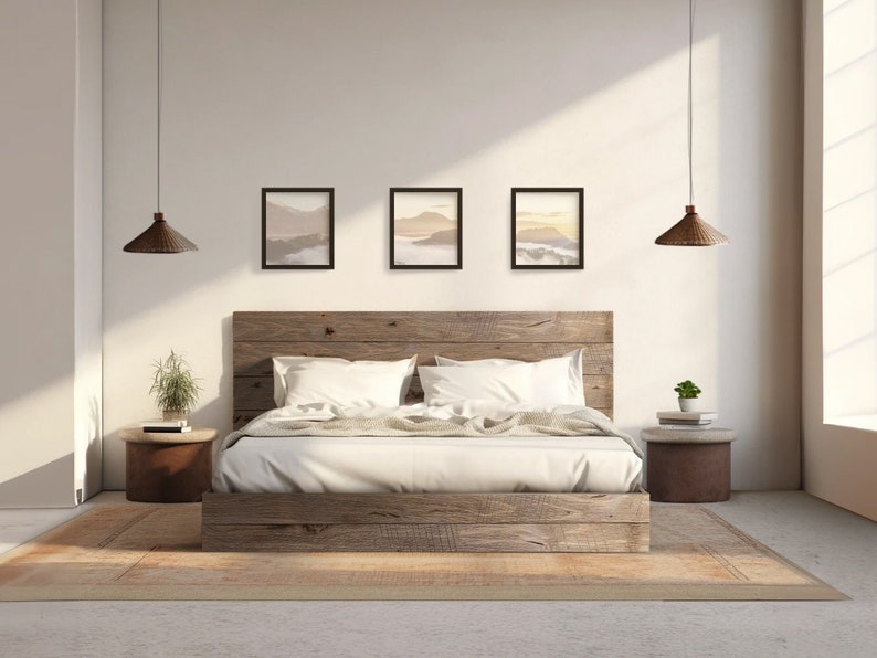 The River Bed Quick Ship Barnwood Reclaimed Aesthetic Modern Rustic Solid Wood Platform Bed Frame & Headboard Handmade in USA Reclaimed Barnwood