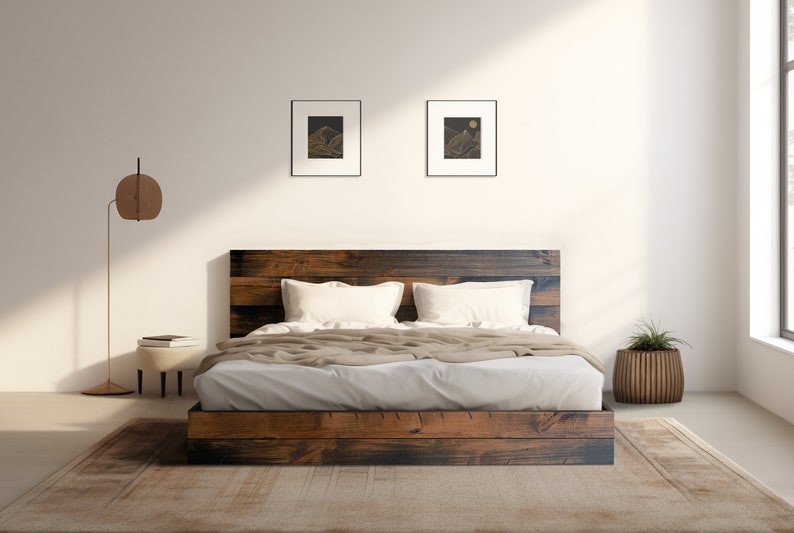 The River Bed Quick Ship Barnwood Reclaimed Aesthetic Modern Rustic Solid Wood Platform Bed Frame & Headboard Handmade in USA Reclaimed Railcar