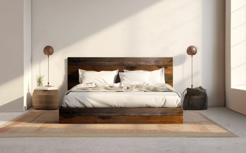 The River Bed - Quick Ship - Barnwood Reclaimed Aesthetic - Modern Rustic - Solid Wood - Platform Bed Frame & Headboard - Handmade in USA