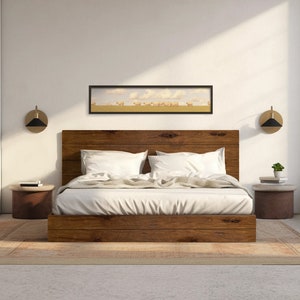 The River Bed - Quick Ship - Barnwood Reclaimed Aesthetic - Modern Rustic - Solid Wood - Platform Bed Frame & Headboard - Handmade in USA