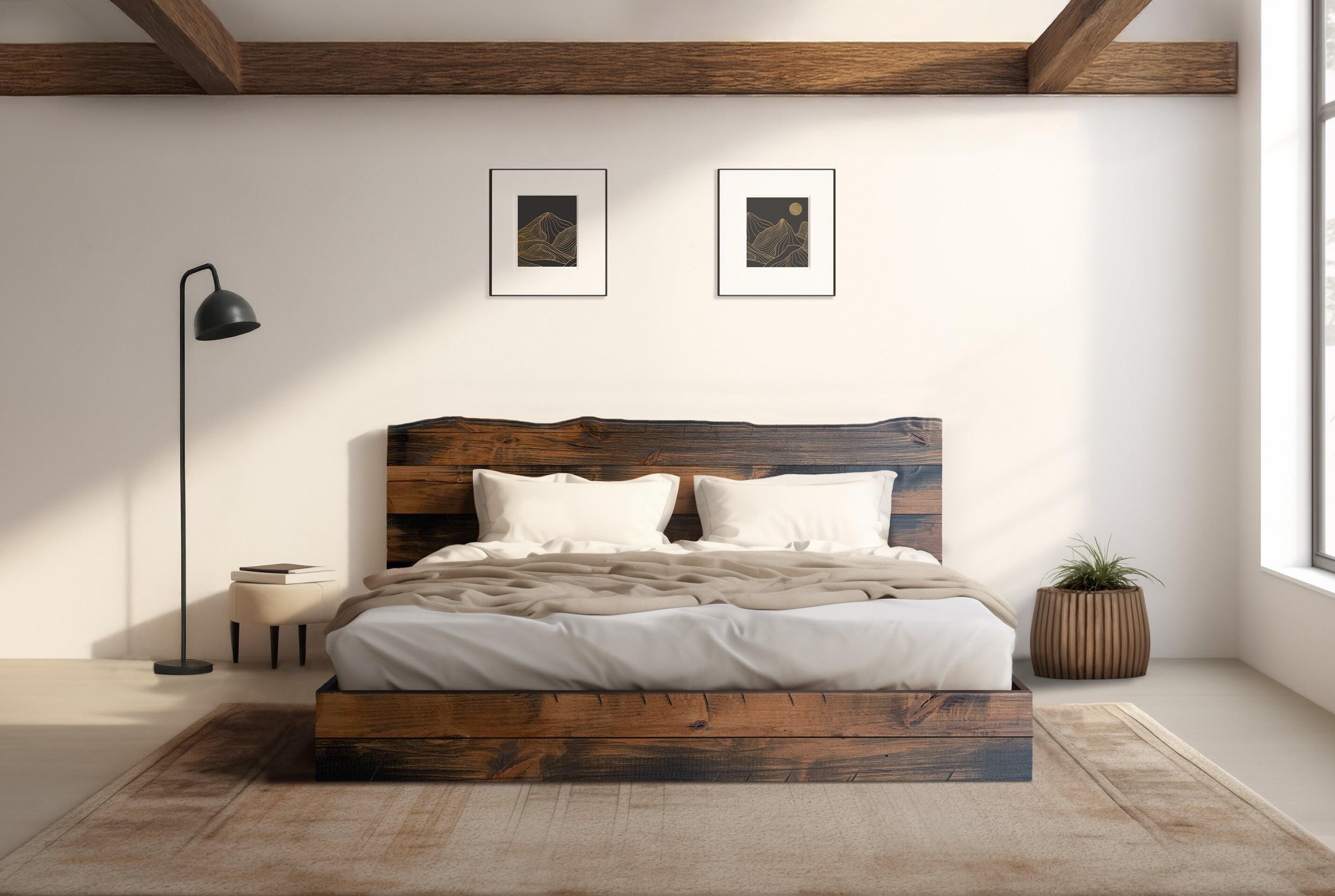 Live Edge River Bed - Quick Ship - Barnwood Reclaimed Aesthetic - Solid Wood - Platform Bed Frame & Headboard - Handmade in USA