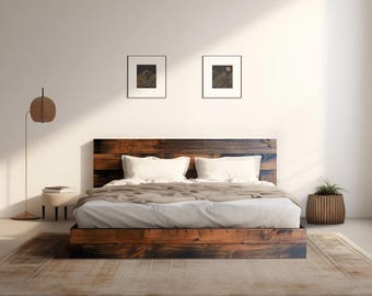 The River Bed - Quick Ship - Barnwood Reclaimed Aesthetic - Solid Wood - Platform Bed Frame & Headboard - Handmade in USA