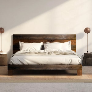 Rampart Bed Quick Ship Barnwood Reclaimed Aesthetic Modern Rustic Solid Wood Platform Bed Frame & Headboard Handmade in USA Reclaimed Brown Mix