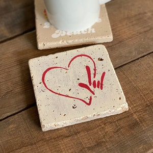 American Sign Language I love You Heart Painted Stone Coaster