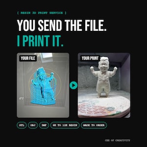 May include: A resin 3D print service advertisement featuring the text: RESIN 3D PRINT SERVICE, YOU SEND THE FILE. I PRINT IT. YOUR FILE shows a blue digital model of a child, and YOUR PRINT shows a white physical figurine of the same child.