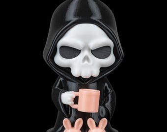 Morning Reaper Desk Toy or Keychain, Coffee Mug Grim Reaper, Cute Spooky Desk Buddy, 3D Printed Goth Office Gift