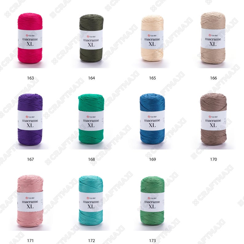 May include: Twelve spools of macrame cord in various colors, including pink, green, blue, brown, and beige. Each spool is labeled "macrame XL".