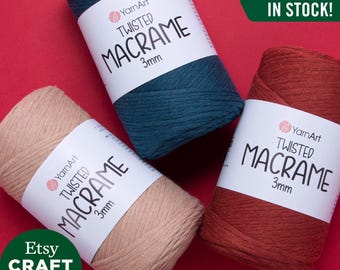 May include: Three spools of 3mm twisted macrame cord in teal, beige, and rust colors. The spools are labeled "YarnArt Twisted Macrame 3mm". The text "ALL COLORS IN STOCK!" is in a green box.