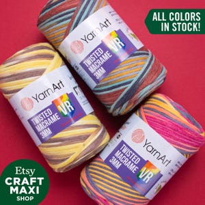Yarnart - Cordón de macramé trenzado de 3 mm VR - Multicolor, 80 % algodón, para bolso, alfombra, peinado, 240 g, 213,25 yardas