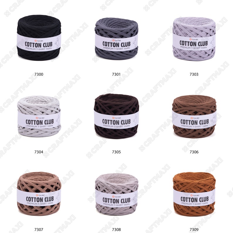 May include: Nine balls of cotton yarn in various colors, including black, gray, beige, brown, and tan. Each ball has a label that reads "Cotton Club Premium T-Shirt Yarn".