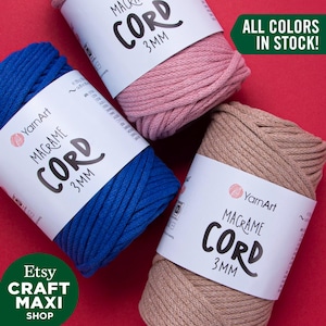Cordino per macramè Yarnart da 3 mm - 60% cotone macramè, cordino per macramè, corda per macramè, macramè all&#39;uncinetto, borsa per macramè, tappeto per macramè, 8,80 oz, 92,96 iarde