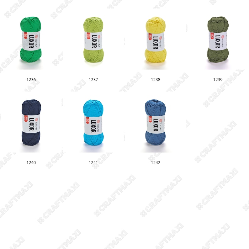 May include: Assortment of ten skeins of yarn in various colors, including green, yellow, blue, and teal. Each skein is labeled "LUXOR" and "YarnArt".