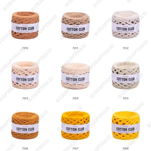 May include: Nine spools of Cotton Club premium t-shirt yarn in various colors, including beige, brown, yellow, and orange. Each spool is labeled with the brand name and product description.
