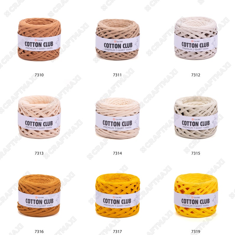 May include: Nine spools of Cotton Club premium t-shirt yarn in various colors, including beige, brown, yellow, and orange. Each spool is labeled with the brand name and product description.