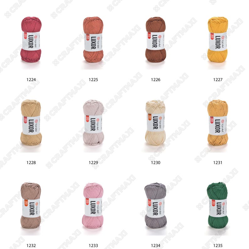 May include: A collection of 12 skeins of yarn in various colors, including red, orange, yellow, beige, pink, gray, and green. Each skein is labeled with the brand name "LUXOR" and a number.