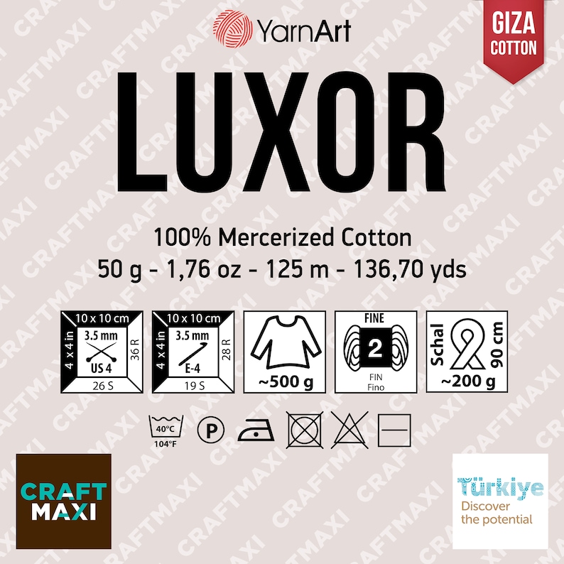 May include: YarnArt Luxor 100% Mercerized Cotton yarn in a white ball with a red label. The label says "YarnArt Luxor" and "100% Mercerized Cotton". It also includes the weight of the yarn, 50 grams, and the length, 125 meters. The label also includes the needle size recommendations, 3.5 mm, and the yarn weight, fine 2.