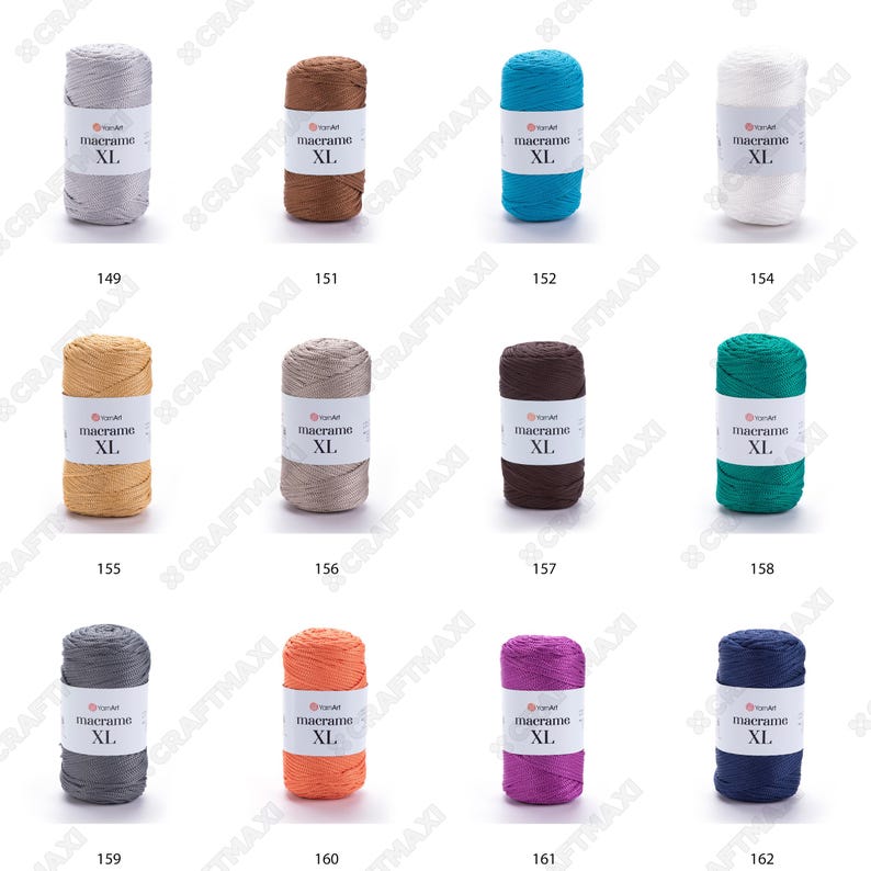 May include: Assortment of 12 spools of macrame cord in various colors, including gray, brown, teal, white, orange, pink, and blue. Each spool is labeled "macrame XL".