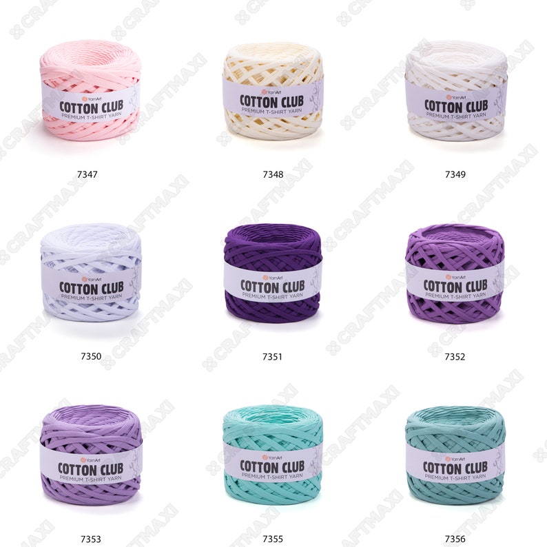 May include: Assortment of ten balls of cotton yarn in various colors, including pink, white, light blue, purple, lavender, and teal. Each ball has a label that reads "Cotton Club Premium T-Shirt Yarn".