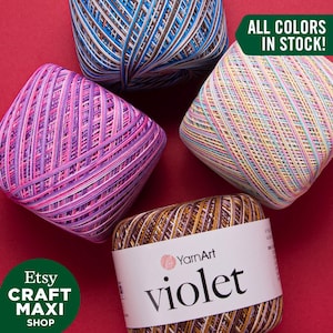 YARNART VIOLET MELANGE - Multicolor Mercerized Lace Yarn, 100% Mercerized Cotton, Fingering, Summer, Accessory Thread, 1.76 Oz, 308.40 Yds