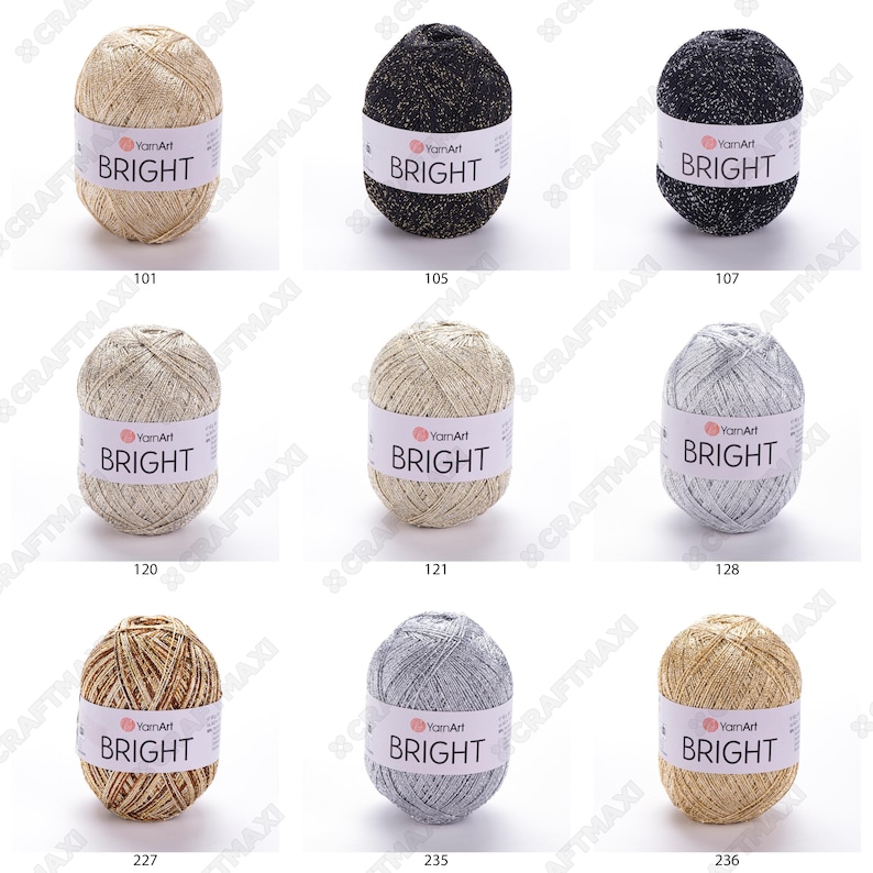 Op de afbeelding: Negen garenspoelen in verschillende kleuren, waaronder goud, zilver, zwart en beige. Elke spoel heeft een label met de tekst "YarnArt BRIGHT".